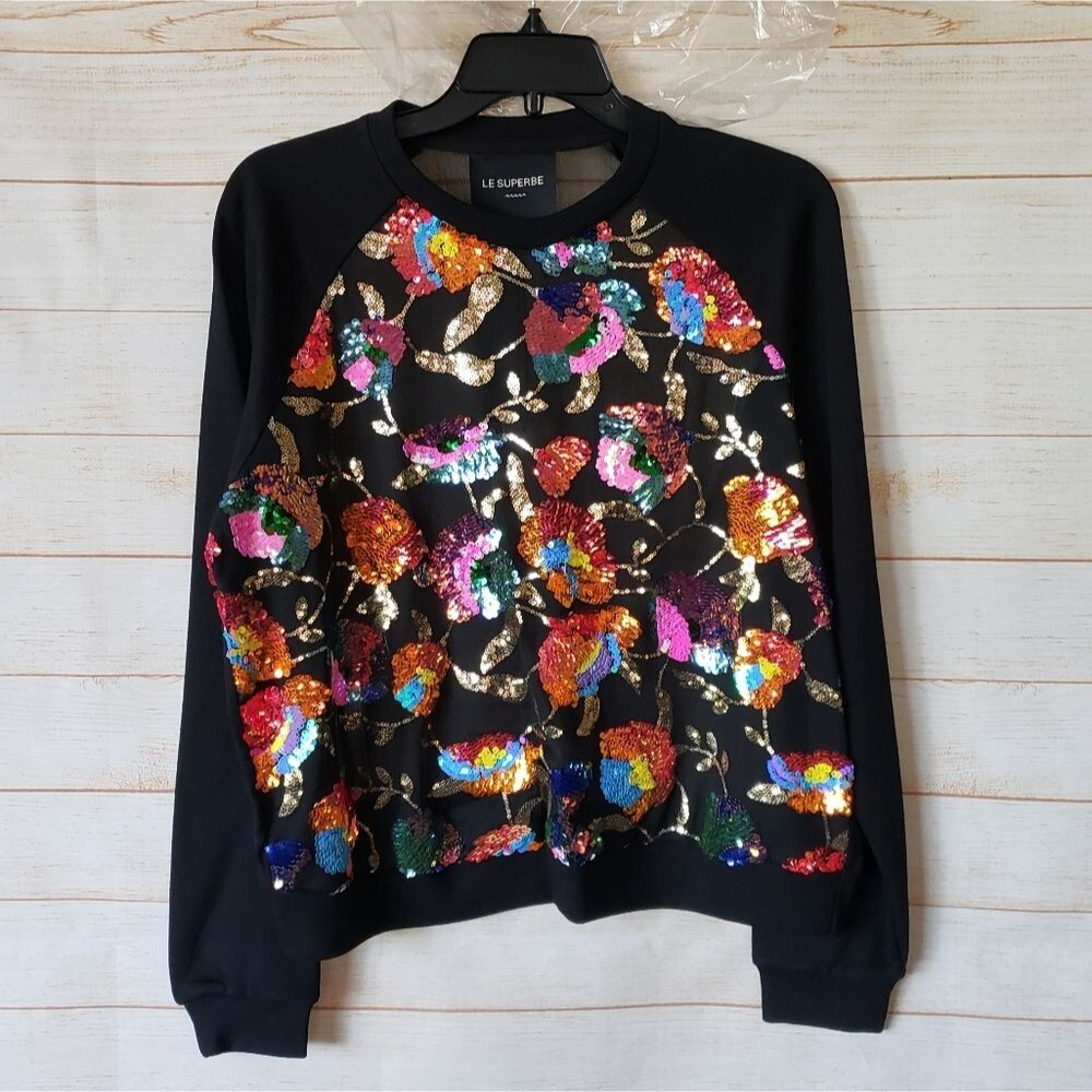 Le Superbe Glam Garden Sequined Sheer Round Neck Sweatshirt Top Women's Medium - Picture 5 of 12